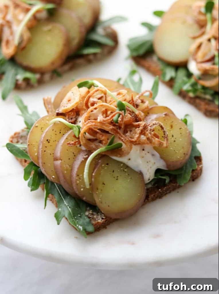 Sourdough Danish Rugbrød Rye Loaf Recipe 3 An open sandwich with sliced potato, arugula and crispy shallots on a plate