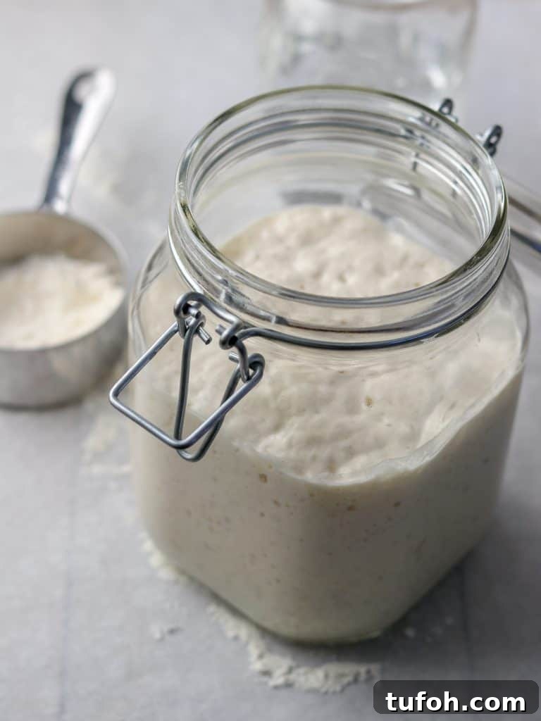 Sourdough Danish Rugbrød Rye Loaf Recipe 5 Sourdough starter in a jar next to a measuring cup with flour