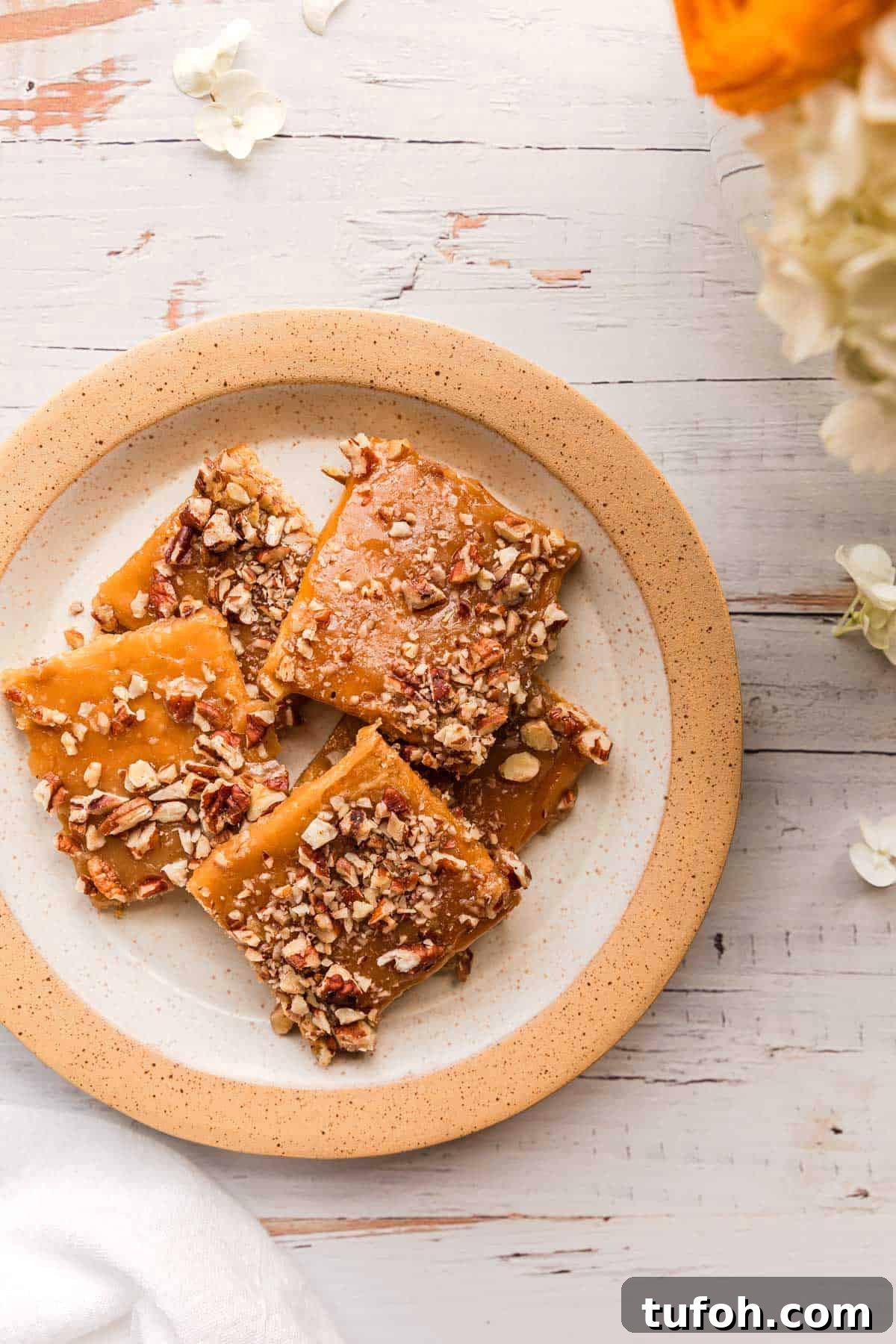 Graham Cracker Praline Recipe — Crunchy Caramel Candy Tutorial 2 Graham cracker pralines served on a plate.