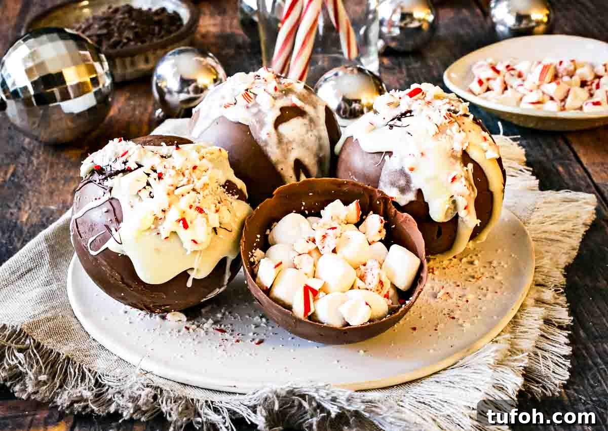 21 Kid-Friendly Treats to Make Together (Simple Recipes) 11 Four peppermint hot chocolate bombs on a plate, with an open hot chocolate bomb in the middle to show the inside.