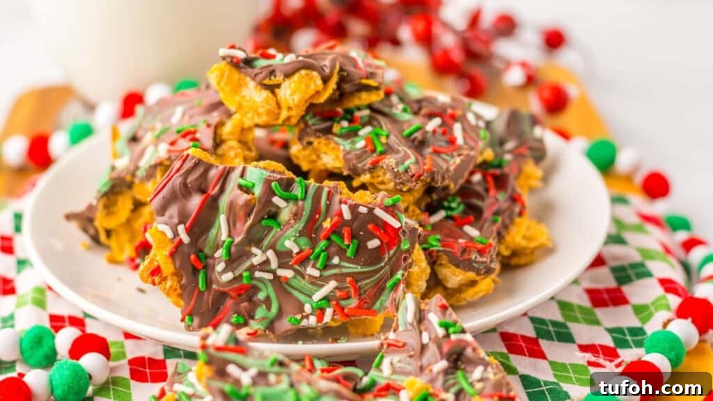 21 Kid-Friendly Treats to Make Together (Simple Recipes) 21 Plate of cornflake clusters topped with chocolate and festive red, green, and white sprinkles.
