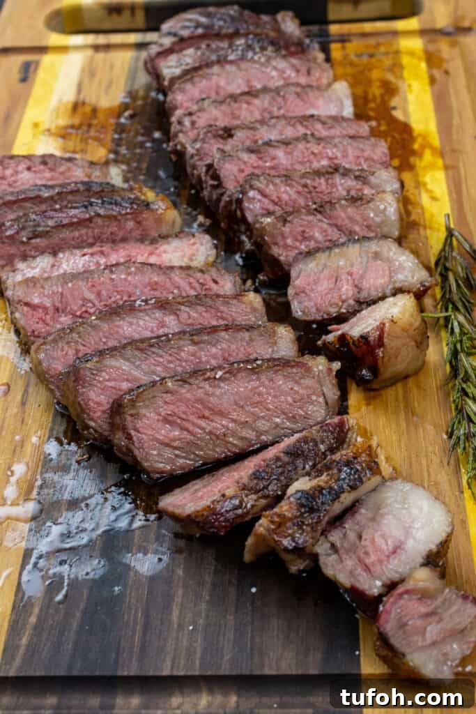 Smoked New York Strip Steak: Step-by-Step Smoking Guide 8 smoked new york strips sliced on a cutting board