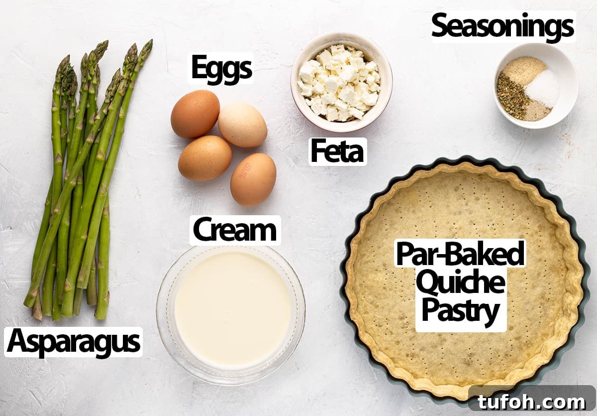 Feta and Asparagus Quiche Recipe for Spring Brunch 3 Ingredients over a white surface.