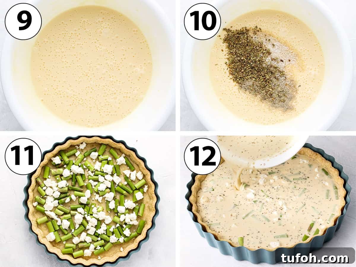 Feta and Asparagus Quiche Recipe for Spring Brunch 6 Process Shot Collage: mixing the ingredients for the custard filling, placing the asparagus and feta inside the pastry and adding the filling.