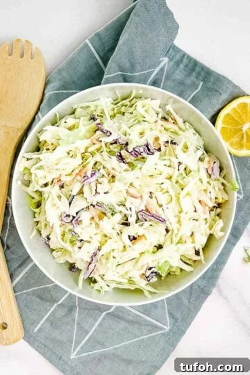 A closeup of homemade coleslaw in a white bowl.