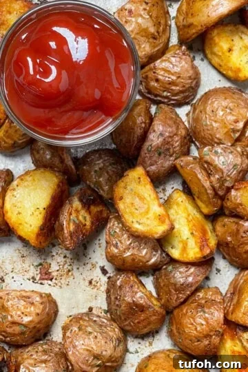 Baby red potatoes oven roasted until crispy with seasonings and served with a side of ketchup.