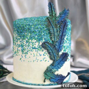 Decadent Chocolate Feather Cookies Recipe 14 Cake with an assortment of blue and green chocolate feathers affixed to the side.