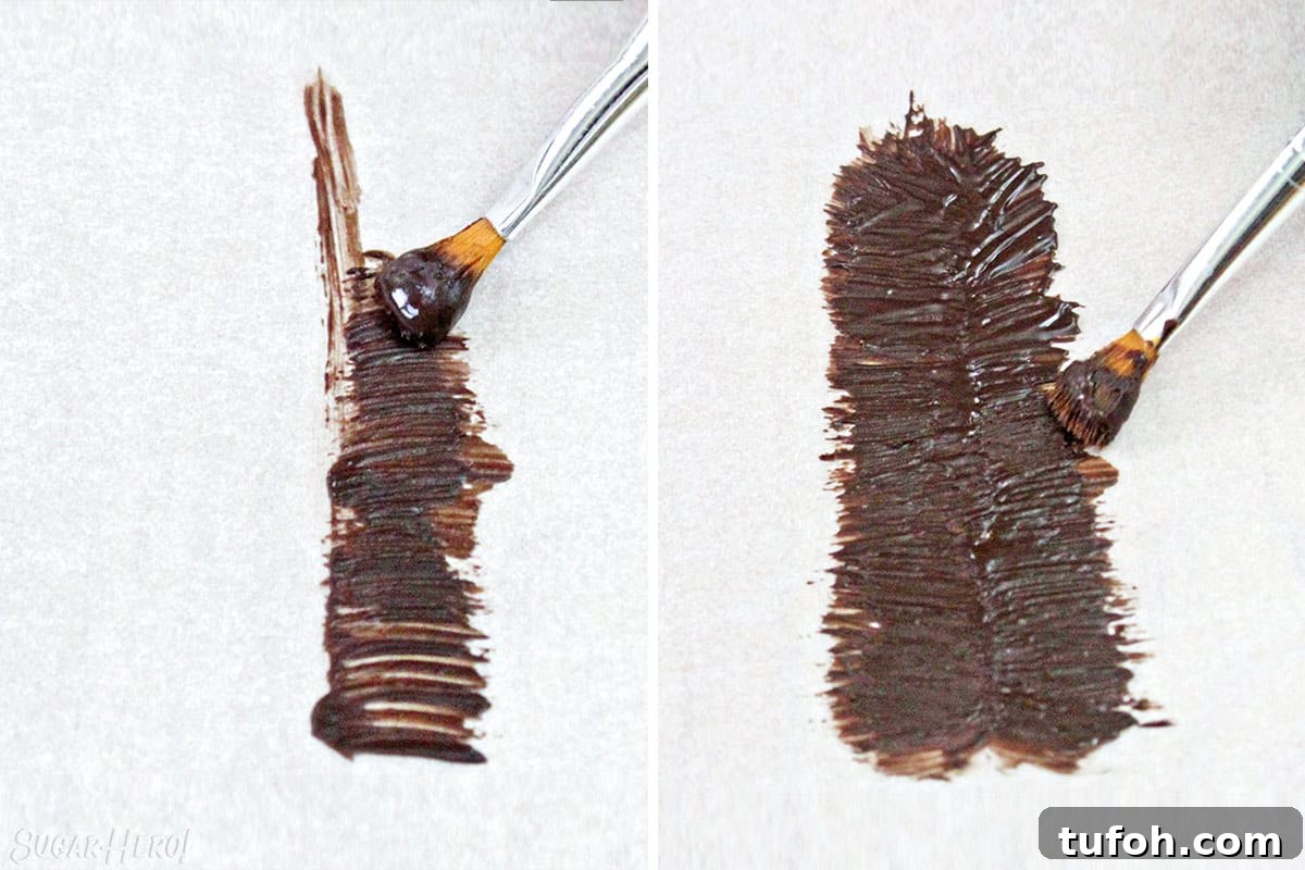 Decadent Chocolate Feather Cookies Recipe 7 Two photo collage showing how to paint chocolate for Chocolate Feathers.