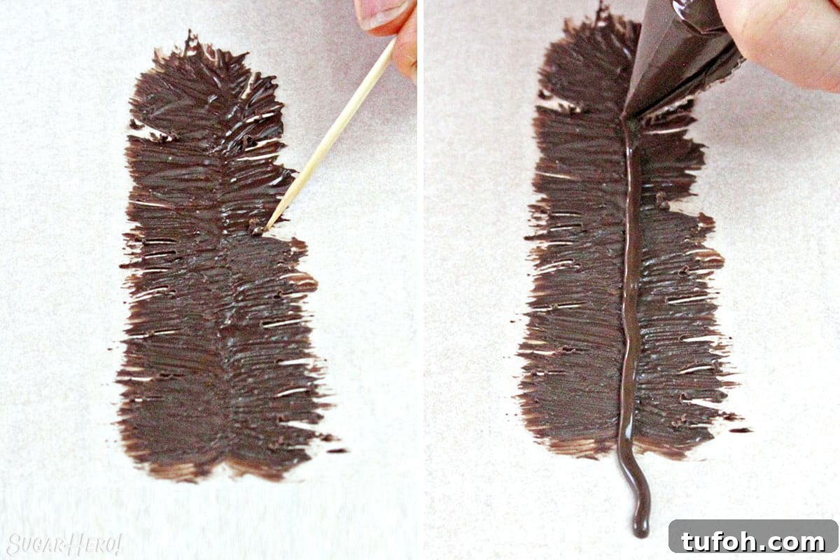 Decadent Chocolate Feather Cookies Recipe 8 Two photo collage showing how to pipe chocolate feathers.
