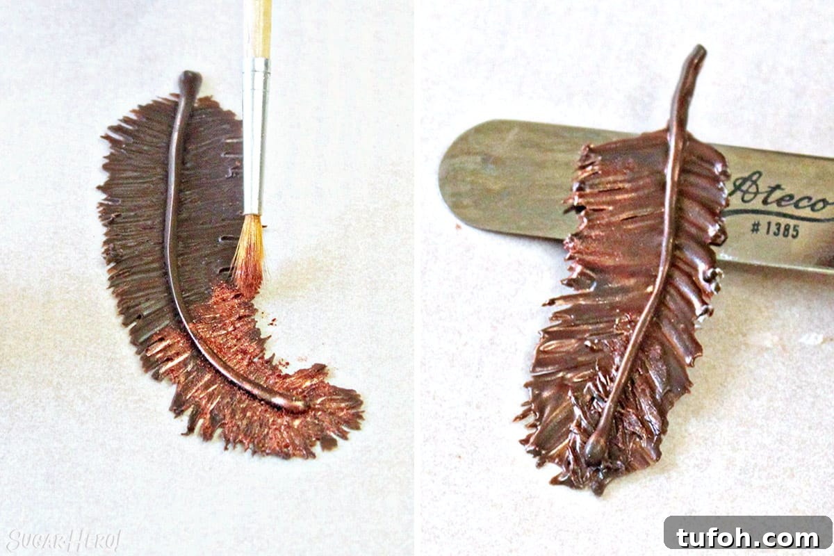 Decadent Chocolate Feather Cookies Recipe 9 Two photo collage showing how to paint chocolate feathers with luster dust.