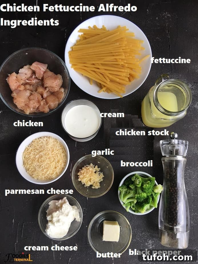 Creamy Instant Pot Chicken Fettuccine Alfredo with Broccoli 3 recipe ingredients on a black surface
