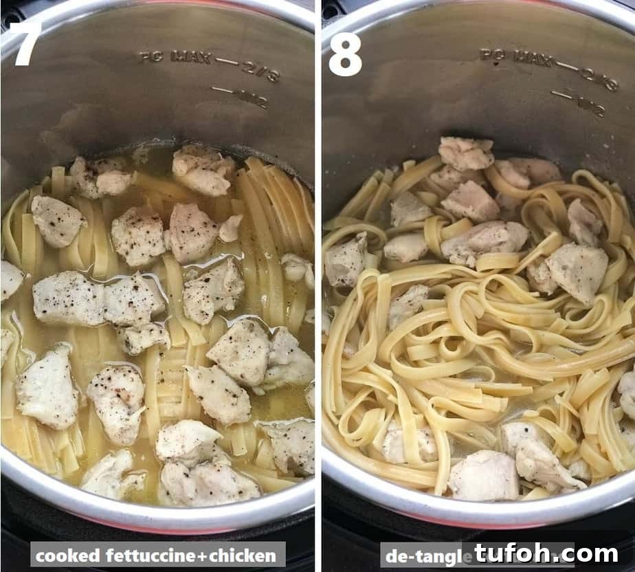 Creamy Instant Pot Chicken Fettuccine Alfredo with Broccoli 6 de-tangling cooked fettuccine noodles in the instant pot