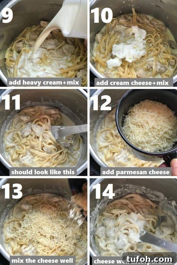 Creamy Instant Pot Chicken Fettuccine Alfredo with Broccoli 7 making alfredo sauce and coating the cooked fettuccine in the instant pot