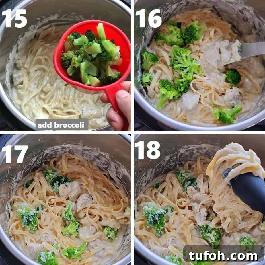 Creamy Instant Pot Chicken Fettuccine Alfredo with Broccoli 8 adding broccoli in chicken fettuccine alfredo in instant pot