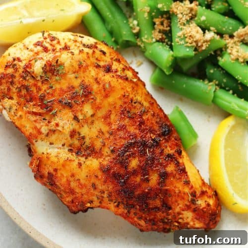 Seasoned chicken breast with steamed green beans on the side with lemon wedges, set on a dinner plate.