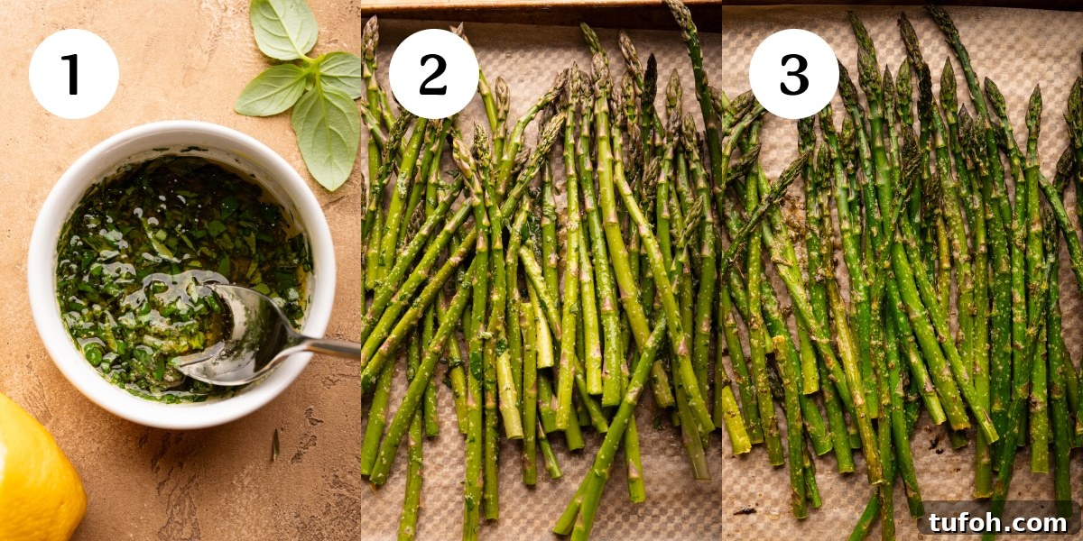 Three photos in a collage showing how to make roasted lemon asparagus. The first photo is a small bowl with herbs and oil in it with a spoon. The second photo is raw asparagus tossed in herbs. The third photo is the asparagus with herbs roasted on a pan.