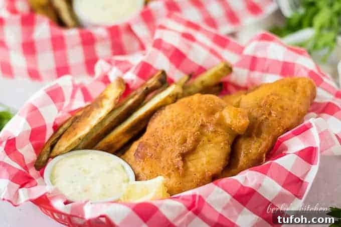Crispy Beer-Battered Cod Recipe for Perfect Fish Fry 2 A filet of beer battered cod served with fries and tartar sauce.
