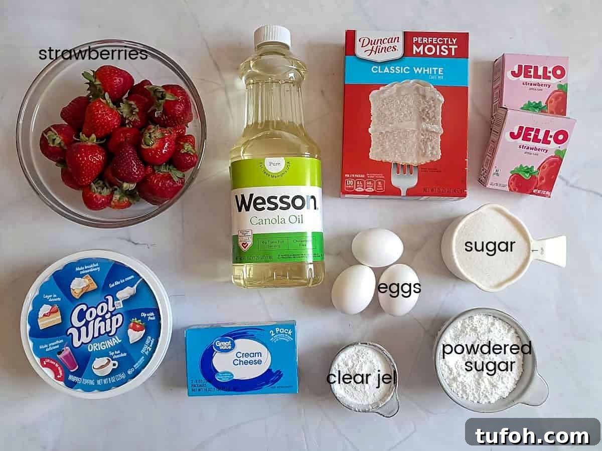 Amish Fruit Jello Cake Recipe: Classic Layered Dessert Guide 2 Ingredients: strawberries, oil, cake mix, jello, Cool Whip, cream cheese, eggs, powdered sugar, and sugar.