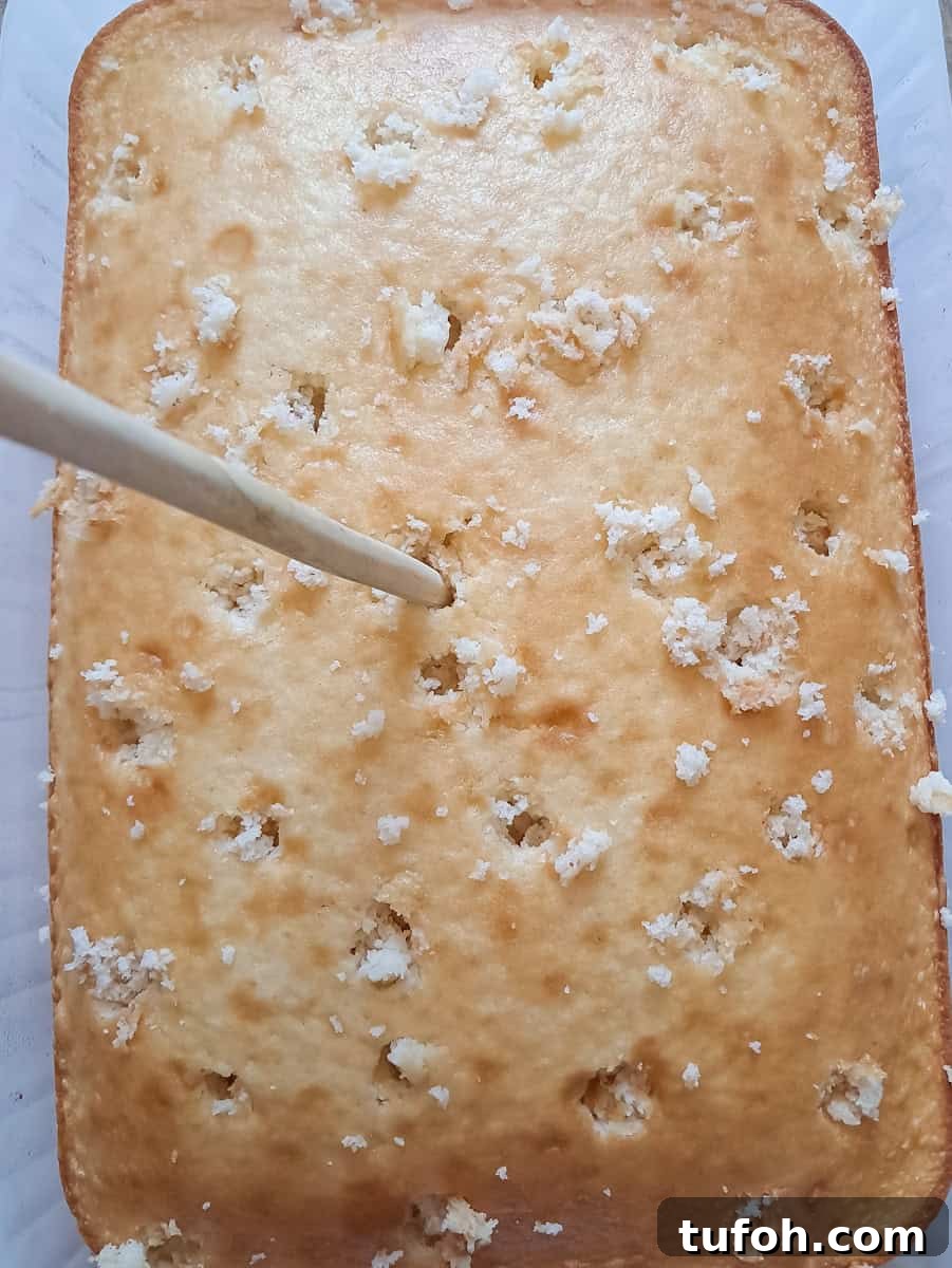 Amish Fruit Jello Cake Recipe: Classic Layered Dessert Guide 4 holes poked into a pan of white cake.