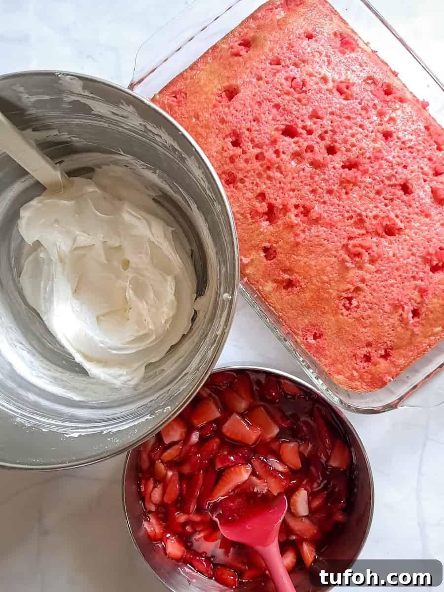 Amish Fruit Jello Cake Recipe: Classic Layered Dessert Guide 8 9x13" pan of poke cake, cream cheese filling in another bowl, nd strawberries with glaze in a saucepan.
