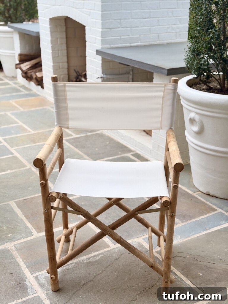10 Clear Signs Spring Has Arrived and What They Mean 4 Close up of Yohana folding director chair with bamboo frame and white canvas seat