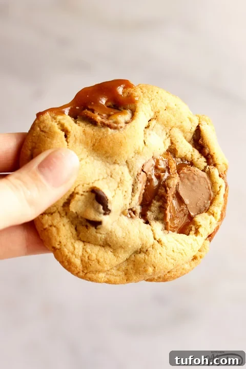 A Rolo cookie being held up in front of a white/grey background