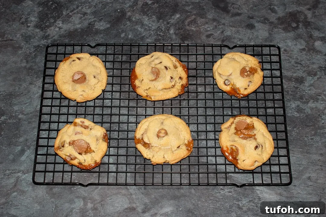 6 Rolo cookies cooling on a wire rack