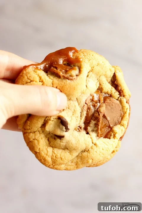 A Rolo cookie being held up in front of a white/grey background