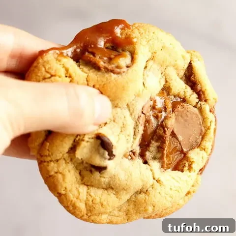 A Rolo cookie being held up in front of a white/grey background