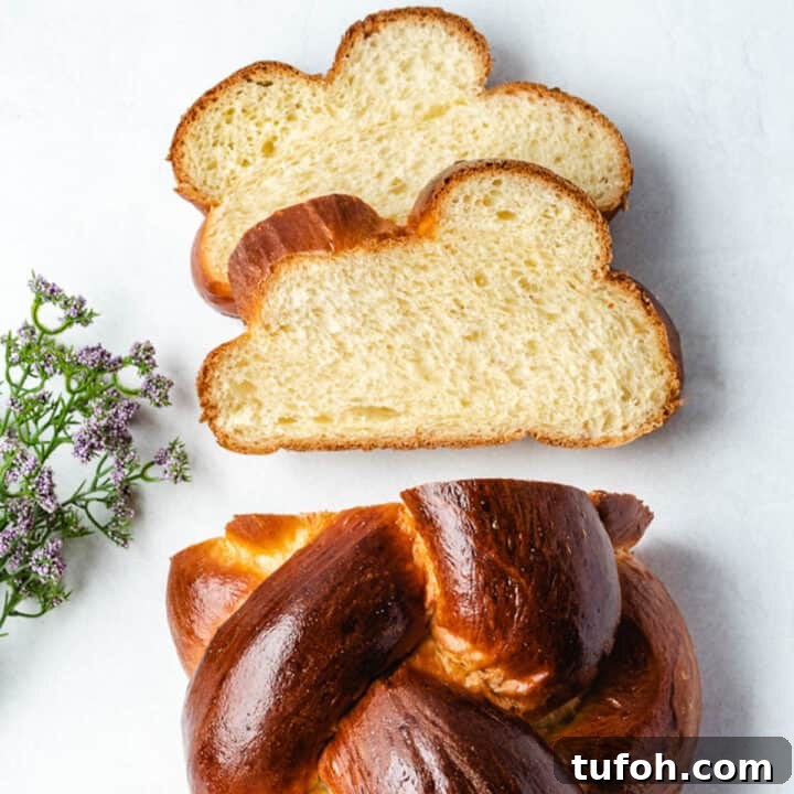 Challah braided bread slices ready to be eaten.
