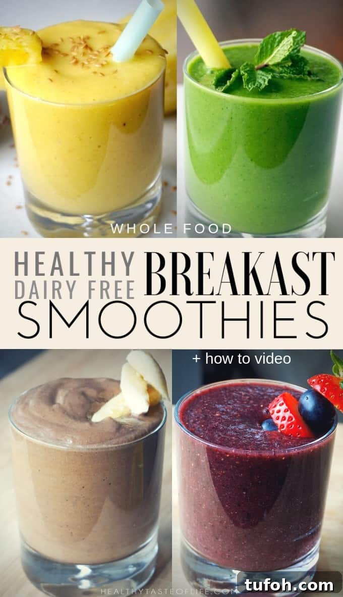 Dairy-Free Breakfast Smoothie Recipes for Busy Mornings 4 4 Healthy dairy free or non dairy smoothie recipes made with anti-inflammatory whole foods – a great way to start clean eating in the morning, to boost your energy and even to loose weight. These dairy free breakfast smoothies are also suitable for a vegan diet and for those who are looking for a healthy meal replacement in the morning: 1. Pineapple & Mango Smoothie 2. Minty Peach Smoothie 3. Berry Peach Smoothie 4. Coffee Carob Smoothie