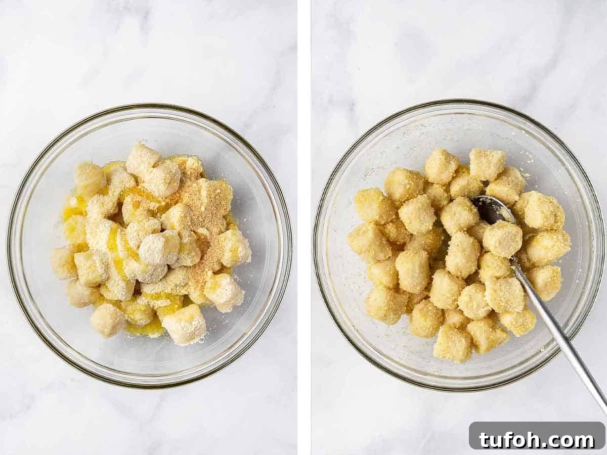 Cauliflower gnocchi seasoned and mixed.