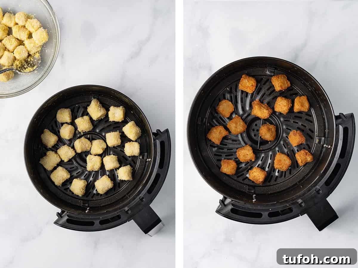Cauliflower gnocchi air fried, before and after.