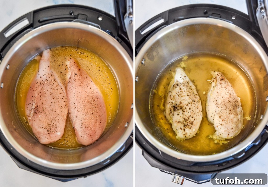 before and after chicken breast cooked in the instant pot.