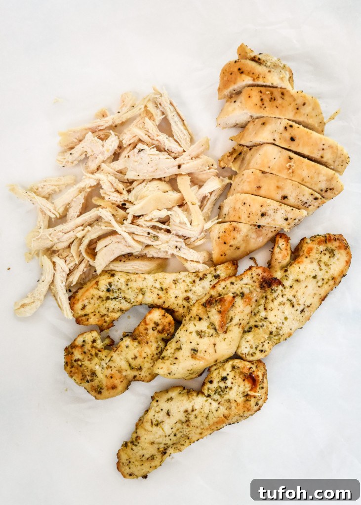 boneless skinless chicken breast cooked in 3 different ways.
