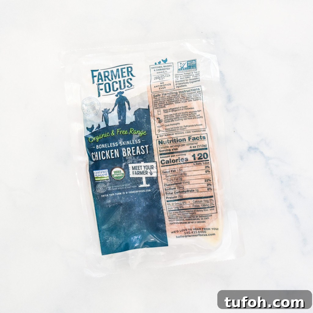 package of frozen boneless skinless chicken breasts.