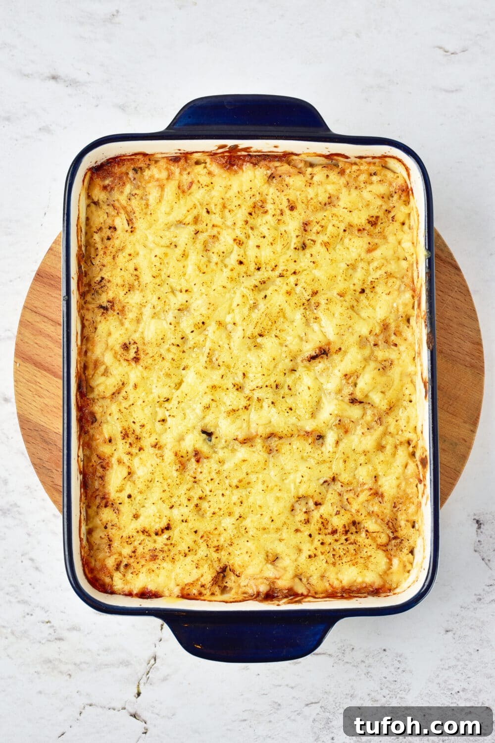 finished casserole dish fresh from oven, ready for toppings