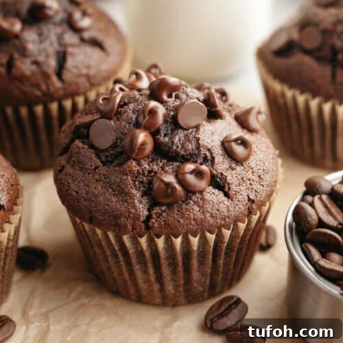 A close up of a double chocolate espresso muffin on brown parchment paper.