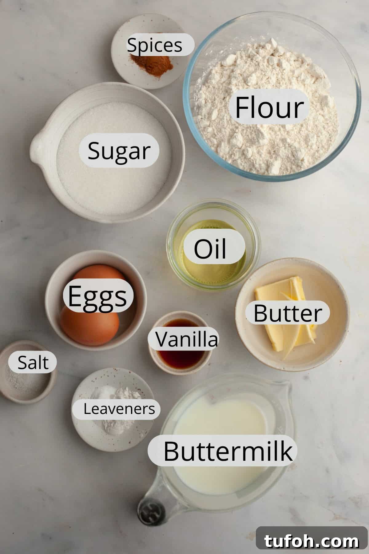Cinnamon Mini Muffins Recipe: Quick, Soft & Flavorful 3 All the ingredients needed to make cinnamon mini muffins, weighed out into small bowls.