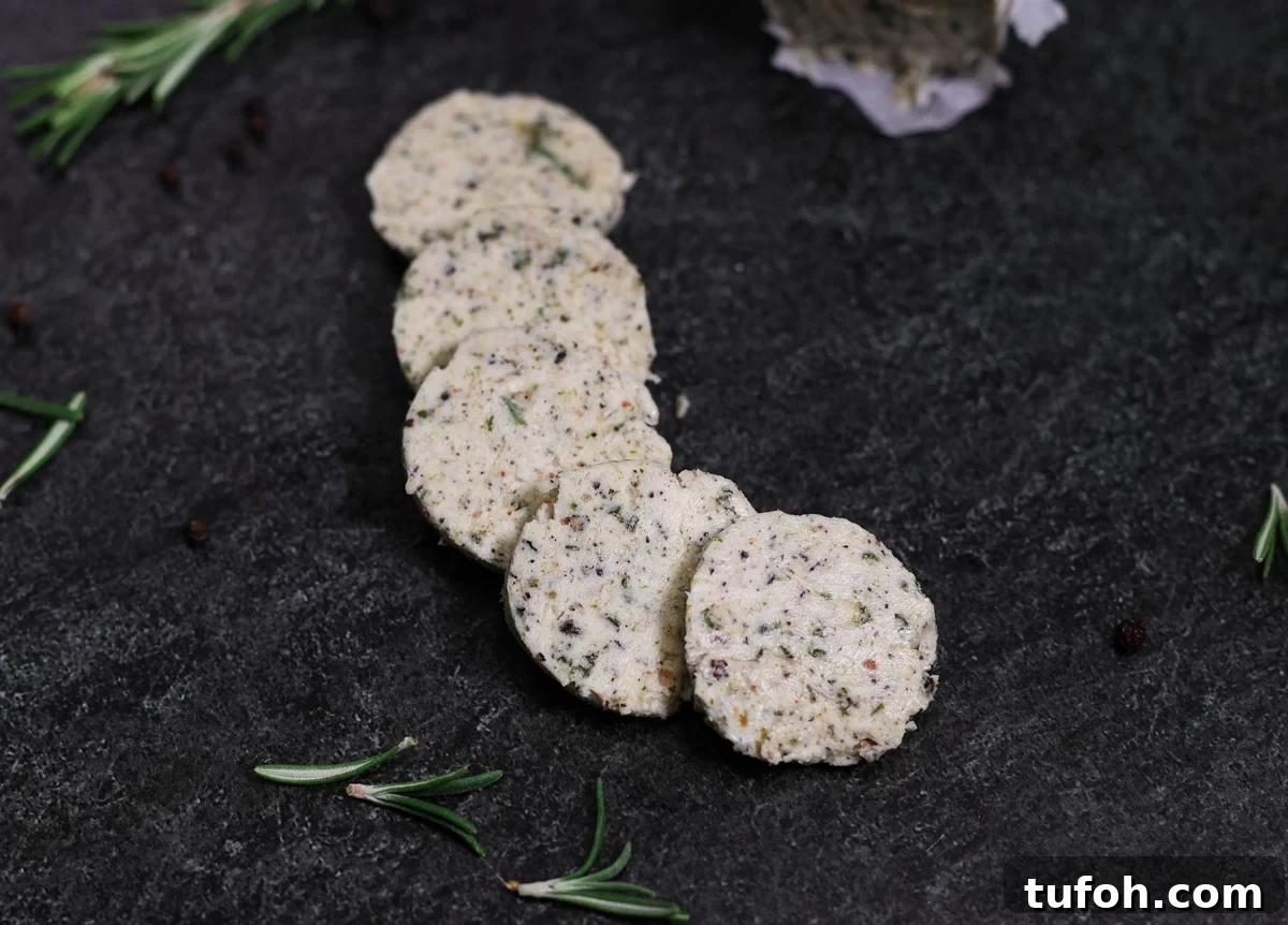 Rosemary Compound Butter for Steak, Chicken, Vegetables and More 3 Rosemary compound butter on a table, sprigs of rosemary on table.