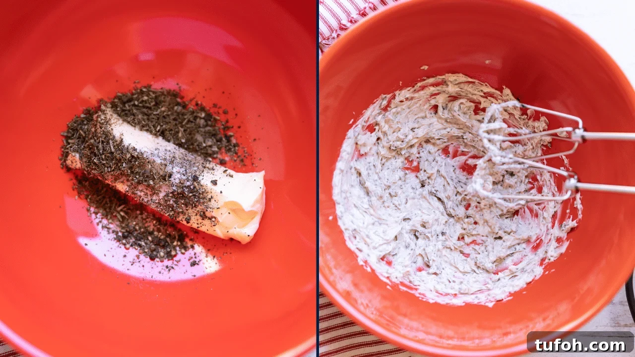 Rosemary Compound Butter for Steak, Chicken, Vegetables and More 5 Bowl containing butter, salt, pepper, and rosemary being mixed with an electric mixer.