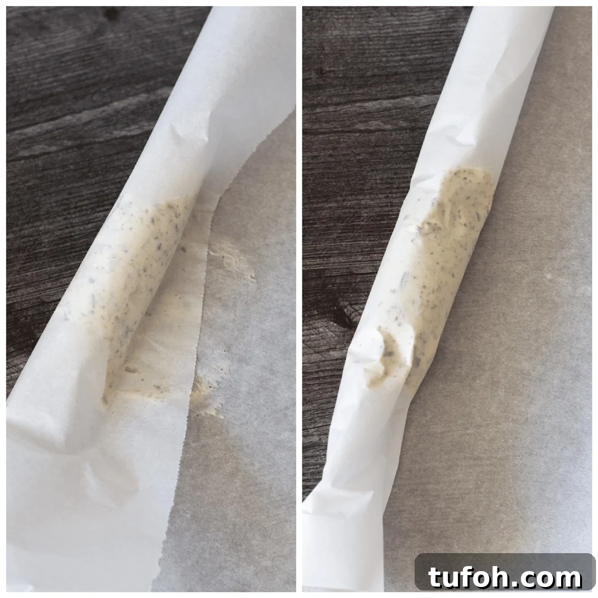 Rosemary Compound Butter for Steak, Chicken, Vegetables and More 7 Compound butter being rolled in parchment paper.