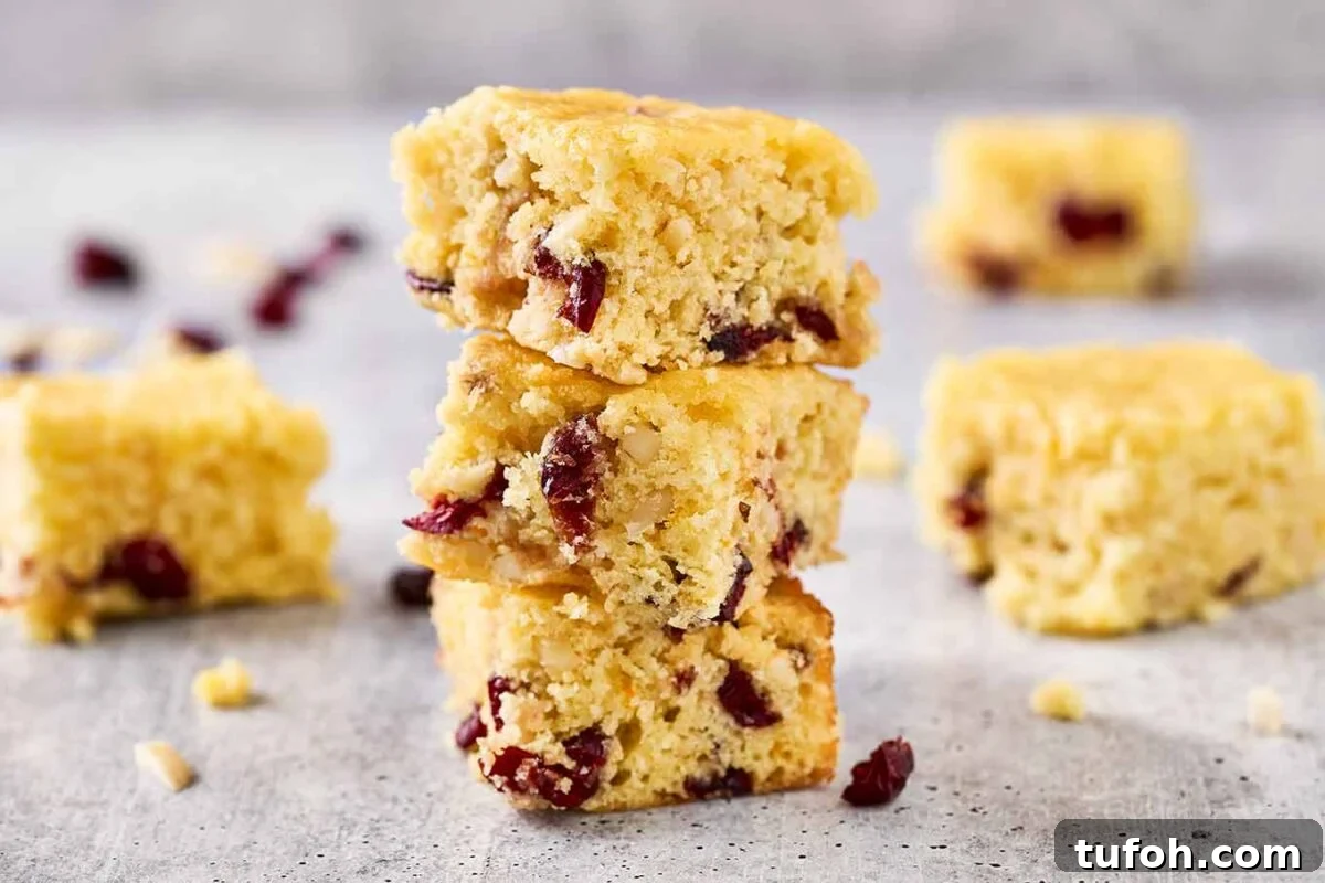 Cranberry Orange Bar Recipe — Tart, Chewy Holiday Dessert 7 A close up of three cranberry orange bars stacked on a gray cookie sheet surface with more bars in the background.