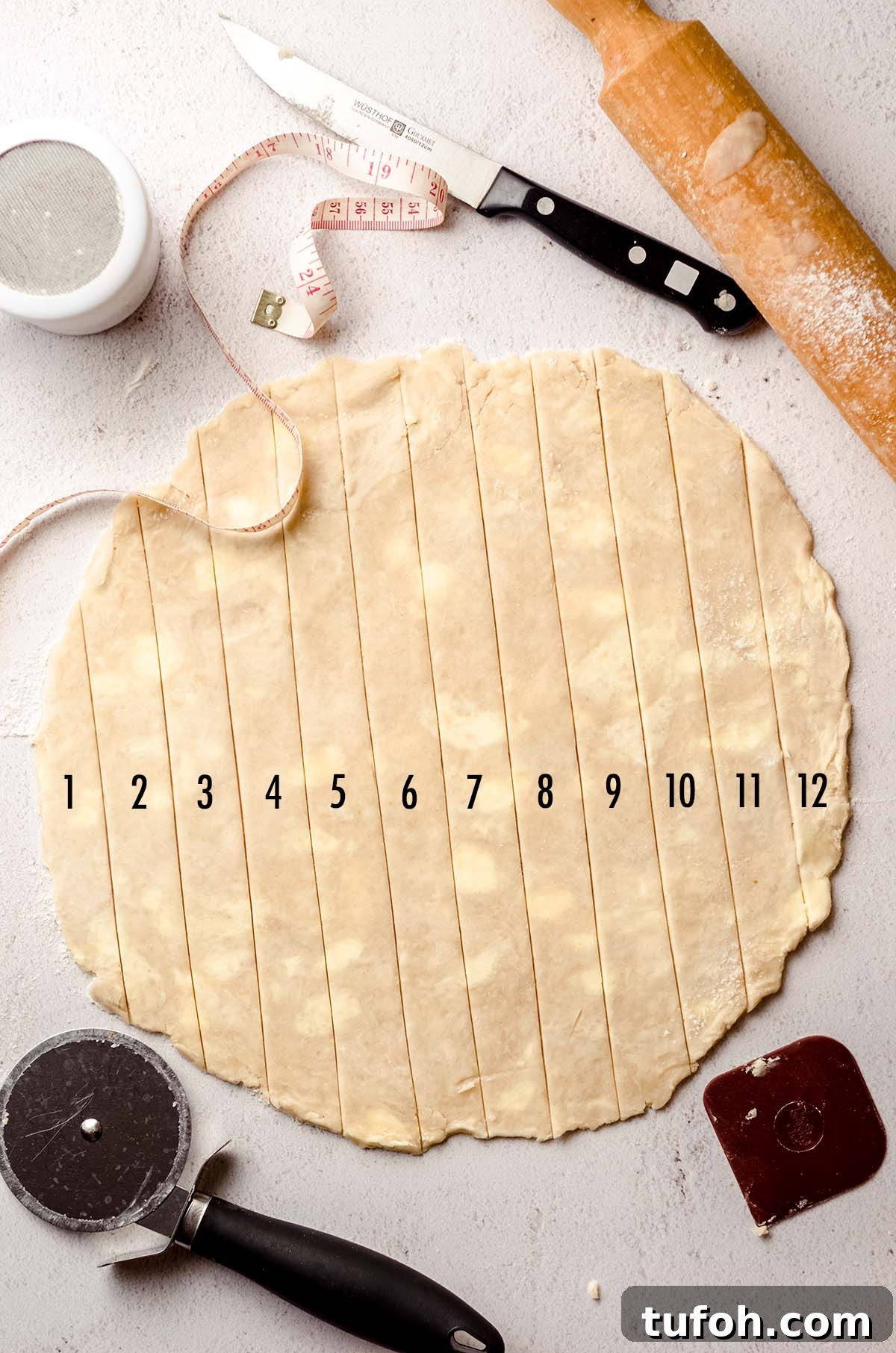 Numbering strips of pie dough for adding to a lattice crust.