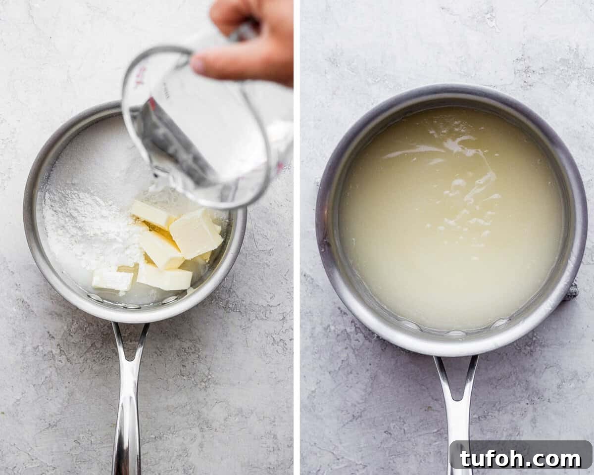 Sauce ingredients in a saucepan before and after heating.