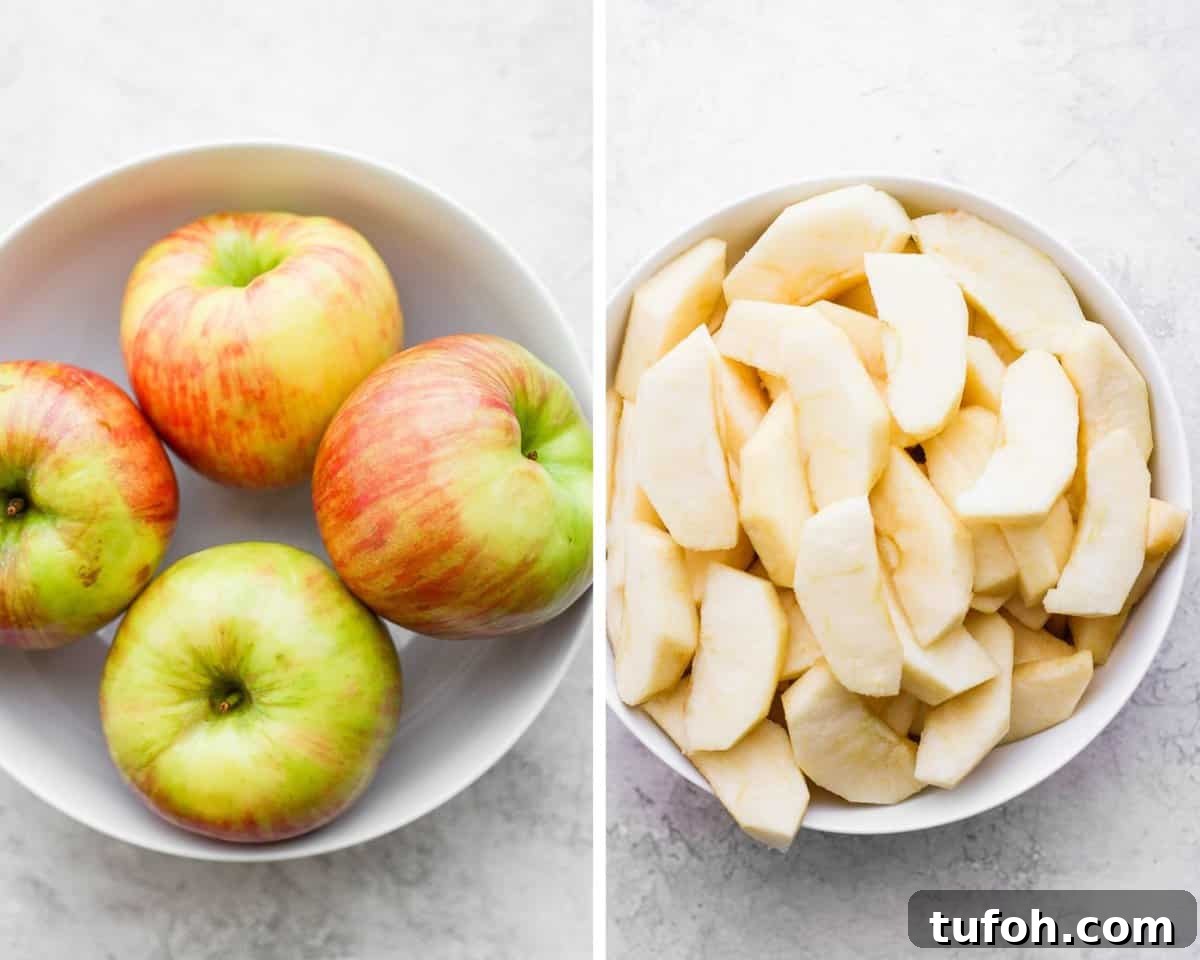 Whole apples and peeled, sliced apples.