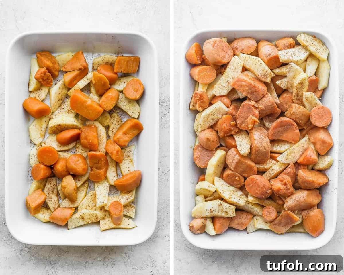 First layer of apples and yams, then fully layered dish.