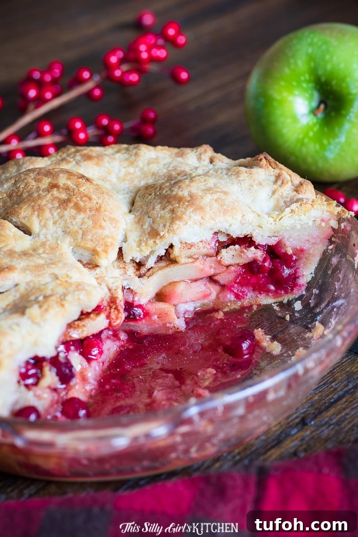 Apple Cranberry Pie, a homemade double pie crust pie stuffed with cinnamon-spiced apples and cranberries.