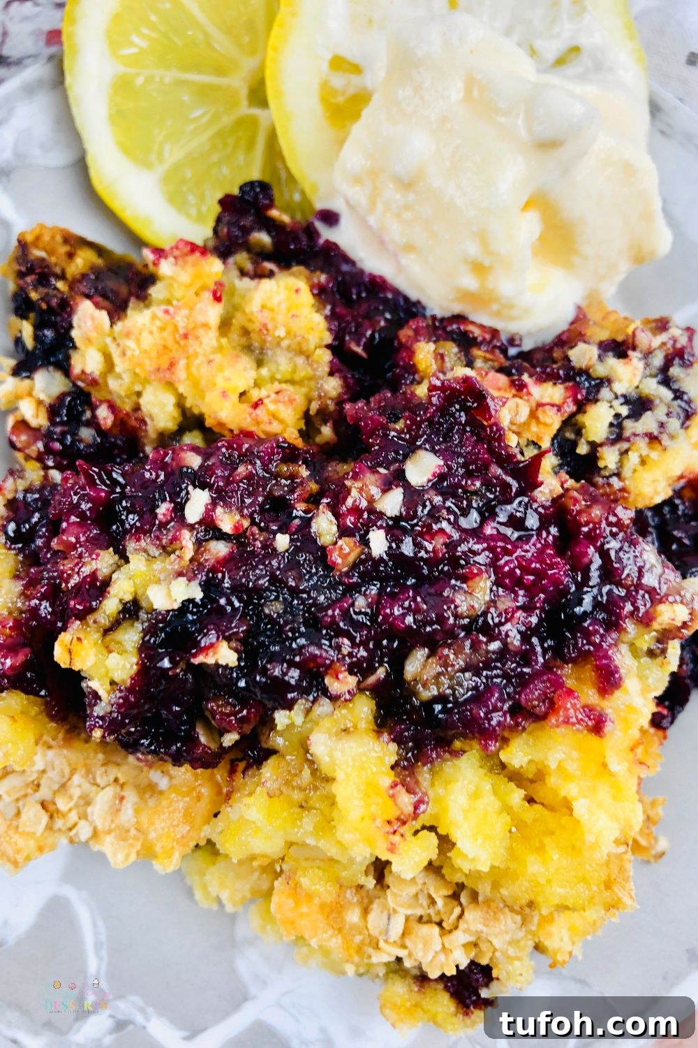 Close up image of blackberry cobbler with cake mix