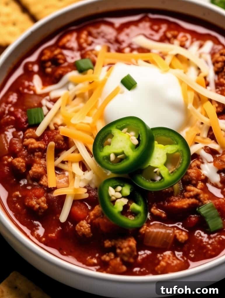 Bowl of turkey chili with toppings